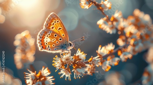 Spring Delight: Defocused Butterfly on Catkins Branches in Sunny Abstract Landscape © hisilly