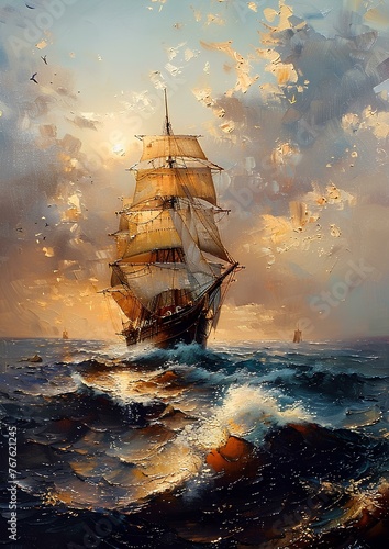 A tall ship on the sea, oil painting, wide perspective, sun, day, huge scale sailboat. generative AI