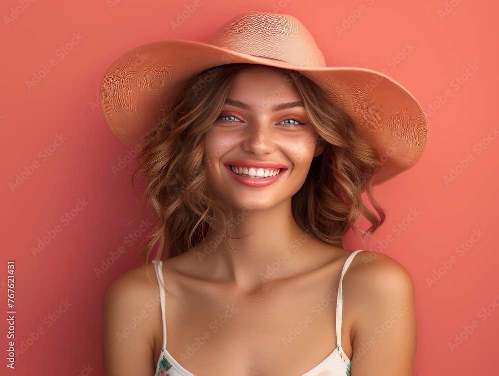 A woman with a white hat and a pink and white dress is smiling A woman with a white hat and a pink and white dress is smiling