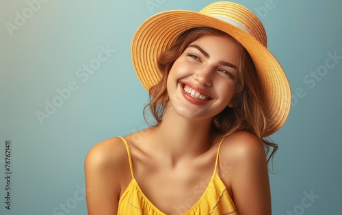 A woman wearing a yellow hat and a yellow dress is smiling