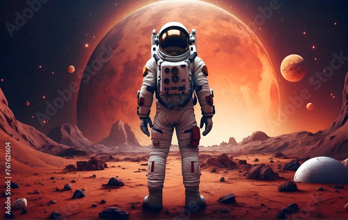 An astronaut in a space suit standing on a rocky surface on the moon, Astronaut in space