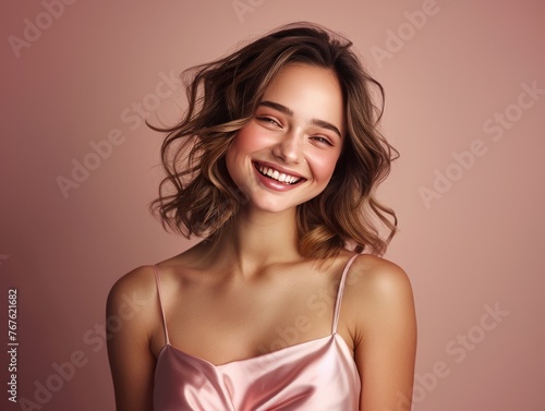 A woman with short hair and a pink dress is smiling