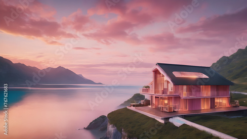 Design of a hotel or chalet on the cloud, in the style of light pink, serene oceanic vistas, snailcore, playful machines, 32k UHD, made of rubber, tender depiction of nature --AR 2:3