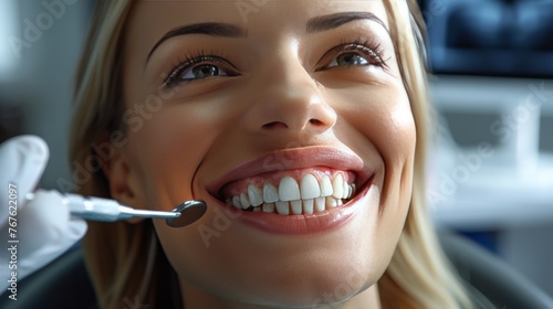 A woman is smiling while a dentist is cleaning her teeth