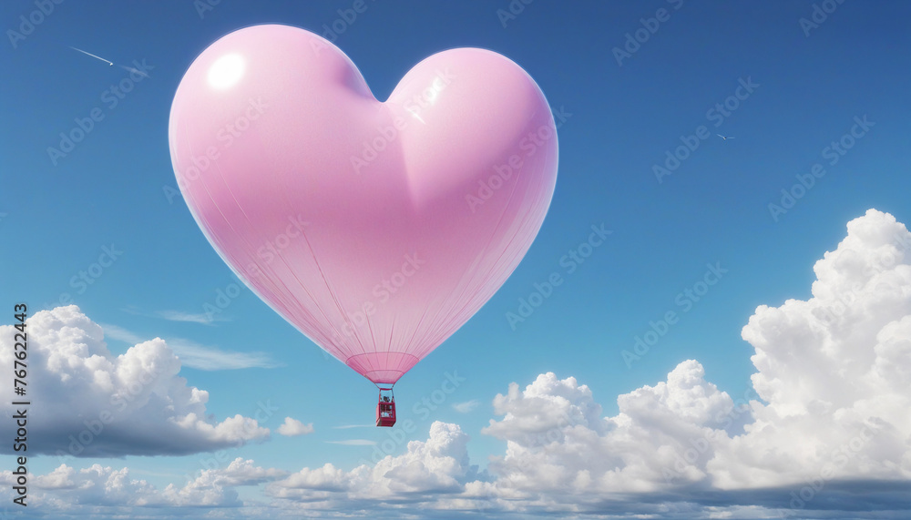 Clip art of pink heart mark in blue sky in anime style colorful background