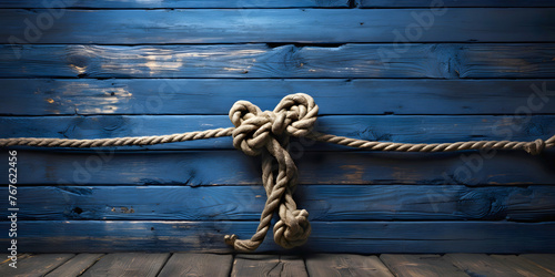 Rope on a wooden background. Rope tied in a knot photo