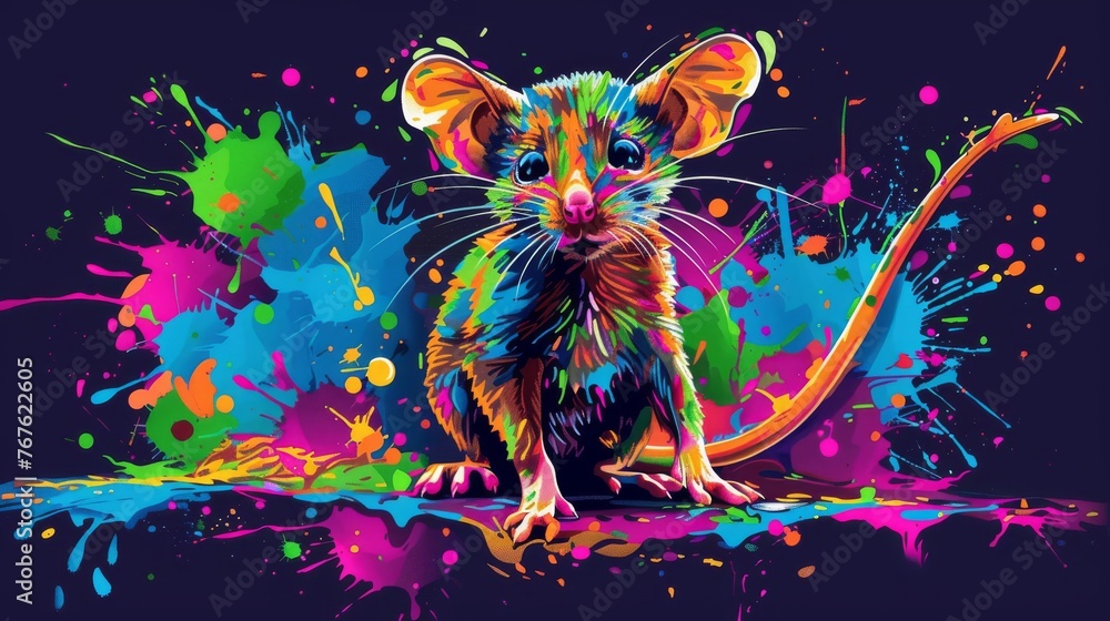  A vivid portrayal of a mouse atop a table, adorned with smudges of paint