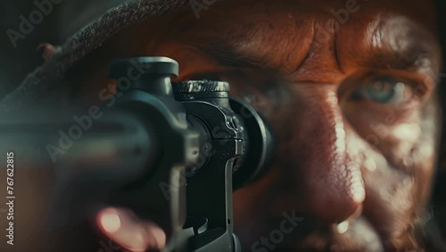 Close up macro shot pushing down the scope of a sniper rifle to a snipers eye as he aims the gun photo
