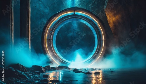 Futuristic Portal  Neon Blue Circle on Dark Background