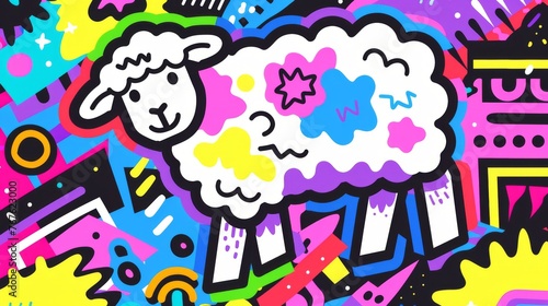  A picture of a sheep amidst a multicolored backdrop, with a cityscape in the distance and celestial bodies and abstract forms in the foreground