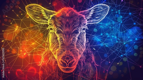  A vivid illustration of a cow's face against a dark backdrop, featuring accents of light and shading
