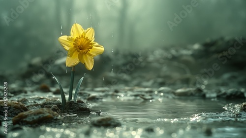  A lone daffodil, bathed in sunlight, emerges from a forest floor puddle