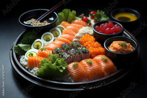 Sushi set with salmon, shrimp, cheese, cucumber, wasabi and ginger on a black background. Sushi menu. Japanese food