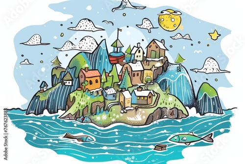 Cartoon cute doodles of a winter island with a charming coastal village, where fishermen brave icy waters to catch fish and gather treasures from the sea, Generative AI