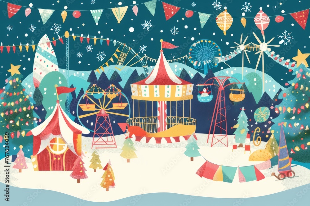 Cartoon cute doodles of a winter island with a festive carnival featuring rides, games, and performances, all decked out in twinkling lights and colorful decorations, Generative AI