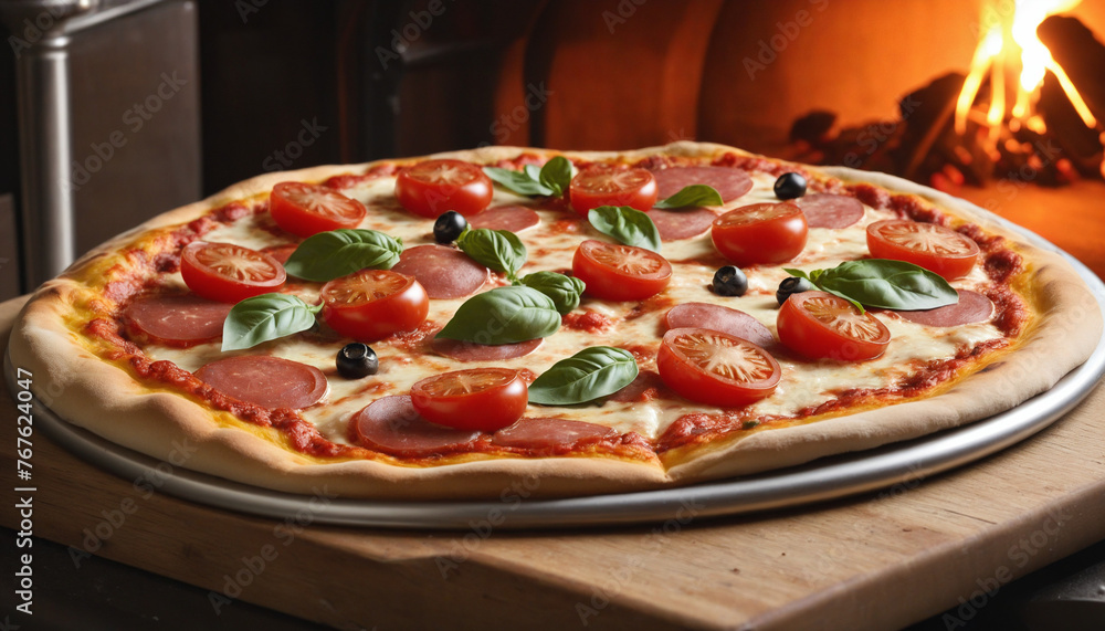 Delicious homemade Italian pizza made in a wood-fired oven colorful background