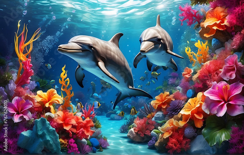 A vibrant underwater scene featuring tropical elements and dolphins, Wallpaper background