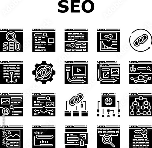 seo optimize community icons set vector. technical audit, market rank, search improve, marketing dashboard, report seo optimize community glyph pictogram Illustrations