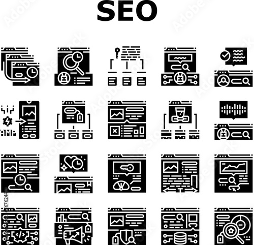 seo improve top website icons set vector. optimization social, analytics strategy, local service, analysis media, engine seo improve top website glyph pictogram Illustrations