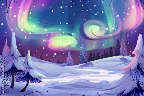 Cartoon cute doodles of a winter island with a magical aurora borealis lighting up the sky, casting colorful ribbons of light over the snowy landscape, Generative AI © Starlight