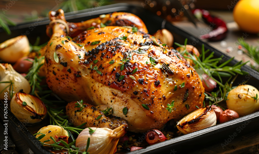 Freshly roasted chicken with steam rising, surrounded by herbs and spices