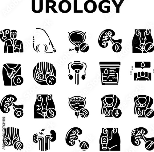 urology prostate urinary kidney icons set vector. bladder human, men cancer, urologist renal, tract stone, cystitis doctor, nephrology urology prostate urinary kidney glyph pictogram Illustrations
