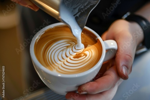 a barista pouring milk into a coffee cup creating beautiful latte art