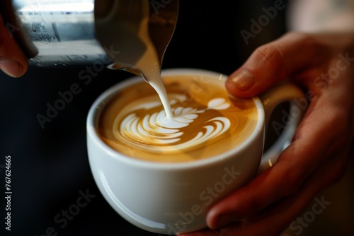 a barista pouring milk into a coffee cup creating beautiful latte art