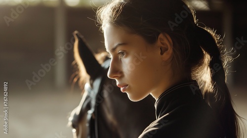 A pensive young charming girl, after horse riding, thinks about everyday life. Close portrait in profile of a girl on a blurred background of a horse