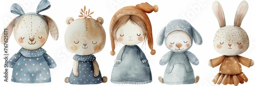 Cute rag doll, bear and bunny, baby toy clipart set Watercolor illustrations isolated on white, watercolor illustration  photo
