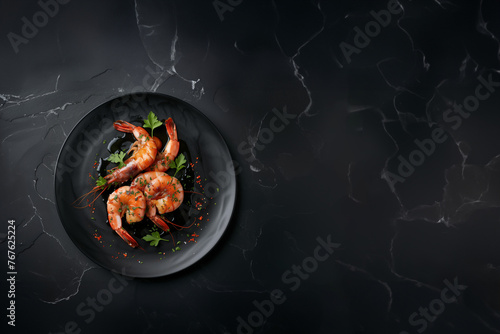 plat méditerranéen, crevettes à l'ail, basilic et piment dans une assiette noire en céramique sur un fond noir marbré avec espace négatif copy space photo