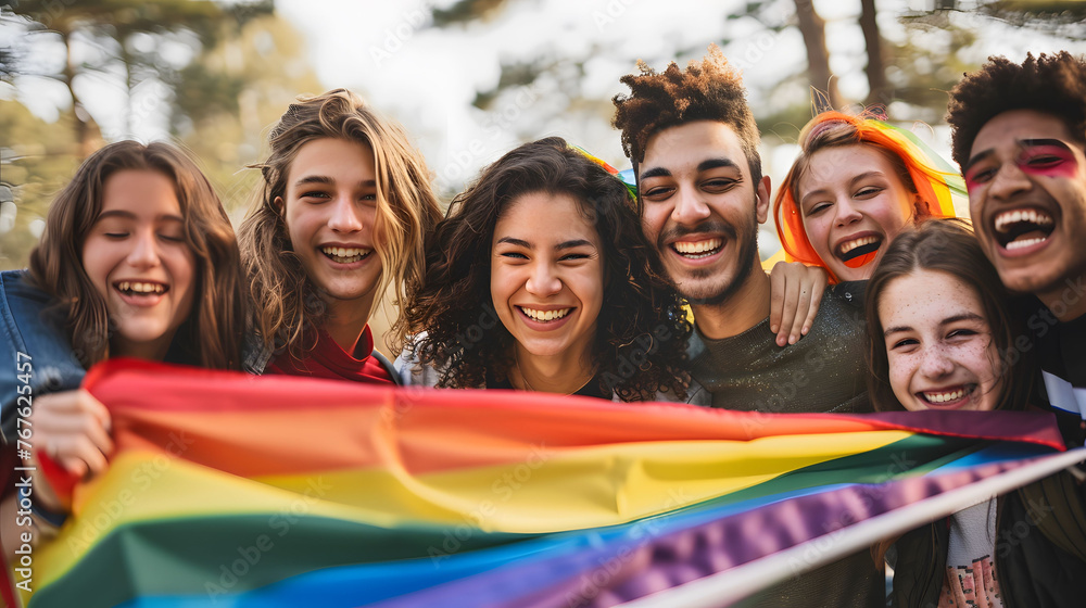 Diverse group of young adults expressing happiness and smiles celebrating pride with a rainbow pride flag in a park Diverse group of young adults expressing happiness and smiles celebrating pride with a rainbow pride flag in a park