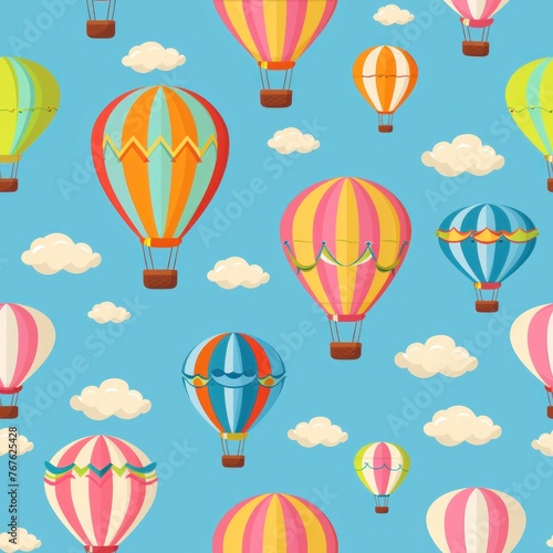 A colorful hot air balloon pattern is shown on a blue background. The balloons are of various colors and sizes  and they are scattered throughout the sky. Scene is cheerful and playful