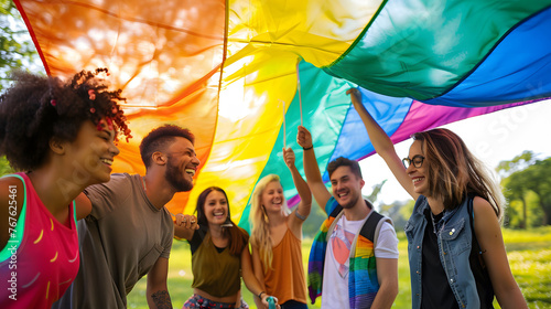 Diverse group of young adults expressing happiness and smiles celebrating pride with a rainbow pride flag in a park