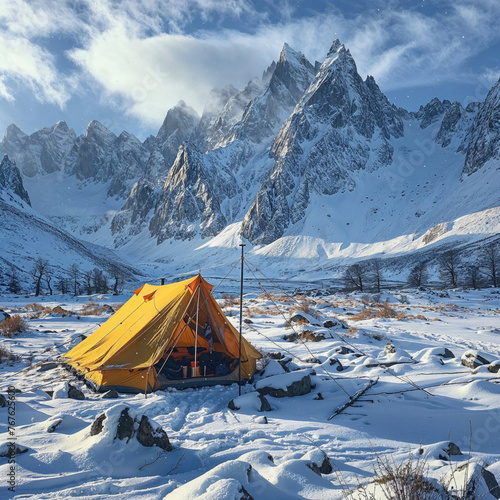 A yellow tent is set up in the snow next to a mountain