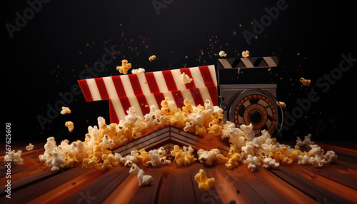 Movie clapper board and popcorn. Cinema movie theater object. Watching a movie or TV series at bioskop cinema photo