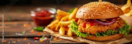 Delicious Chicken Sandwich With Fries and Ketchup