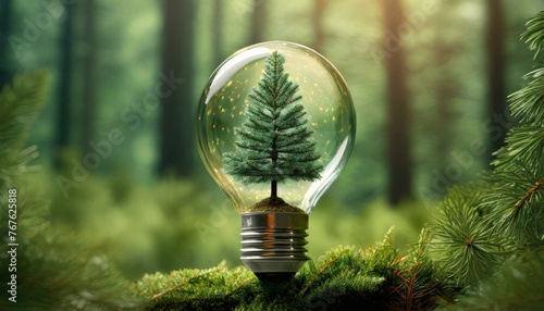Fir tree in a clear lightbulb with a forest in soft focus in the background