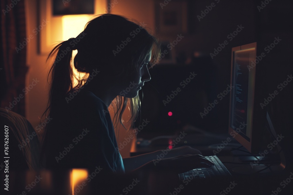 Woman working late at night from home in dark room, illuminated by the glow of her computer monitor as she sits at her desk. Woman working late at night from home in dark room, illuminated by the glow of her computer monitor as she sits at her desk.