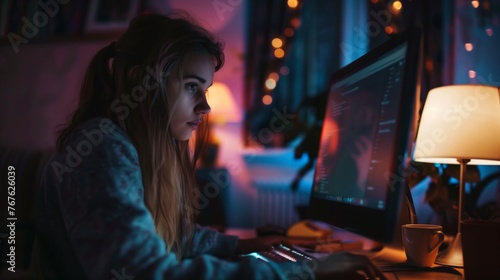 Woman working late at night from home in dark room, illuminated by the glow of her computer monitor as she sits at her desk.