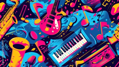 A colorful and vibrant image of musical instruments and notes