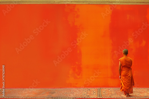 bonze, moine bouddhiste portant le kesa, tenue traditionnelle orange des moines qui ne sont plus novices, bouddhiste sur un tapis, devant un mur orange texturé, copy space photo