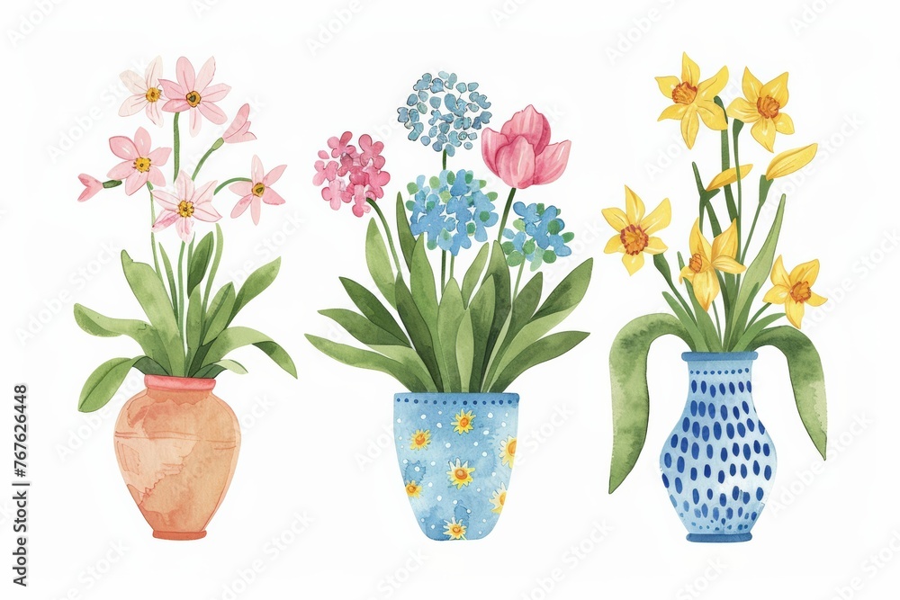 Obraz premium Flowers in pots home plants flat watercolor illustration banner green leaves yellow, blue, pink flowers botanical spring floral design ceramic flowerpots, hydrangea, lily, narcissus, tulip, 