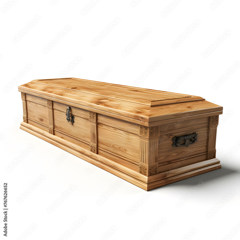 Elegant Wooden Coffin with Ornate Carvings Isolated on White Elegant Wooden Coffin with Ornate Carvings Isolated on White
