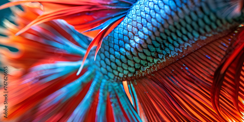 A red  blue and yellow betta fish with a tail   Red white beta fish tail swims in the water tank   