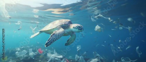 Sea turtle swimming in ocean, Plastic pollution in ocean, Turtles eat plastic bags mistaking them for jellyfish Environmental Problem, World Ocean Day, and World Environment Day concept. © chiew