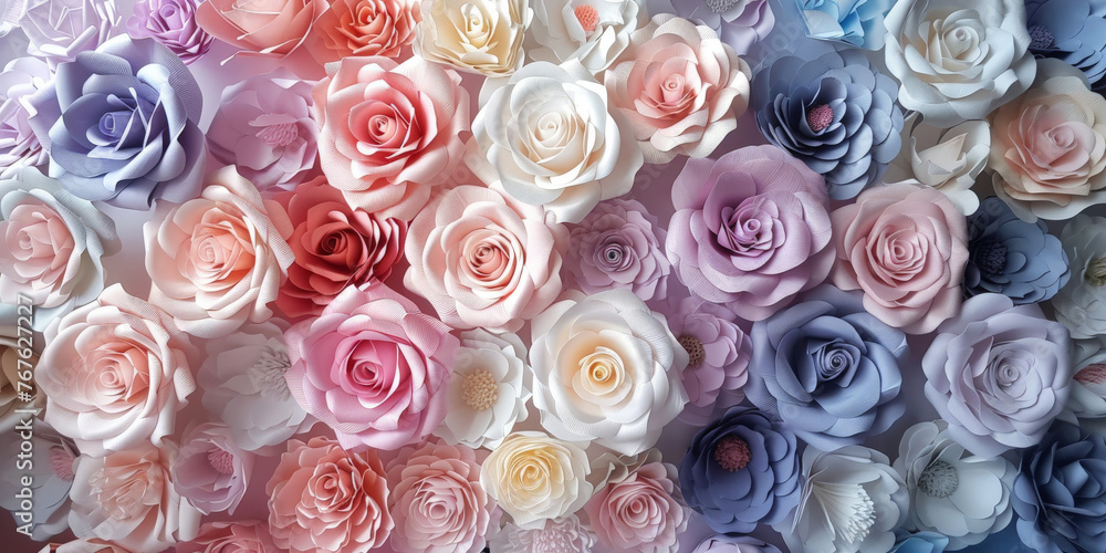 Fototapeta close up pastel colored roses background, colorful rose background, banner, wedding day, valentine, mothers day, banner