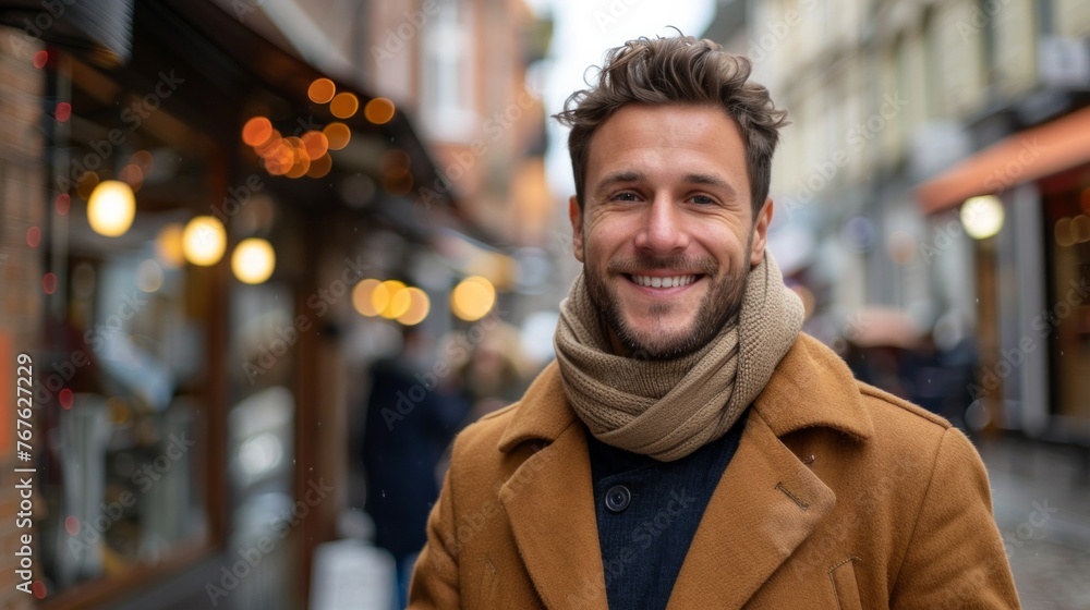 Young man wearing winter clothes walking in the street. Young bearded guy with modern hairstyle in urban background. Young man wearing winter clothes walking in the street. Young bearded guy with modern hairstyle in urban background.