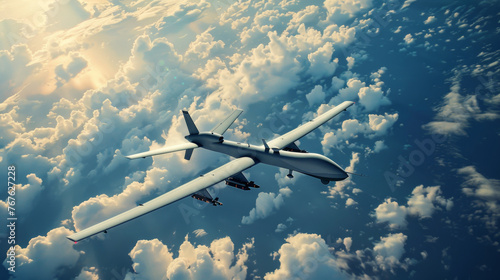 A military unmanned aerial vehicle UAV patrols flying over the clouds
