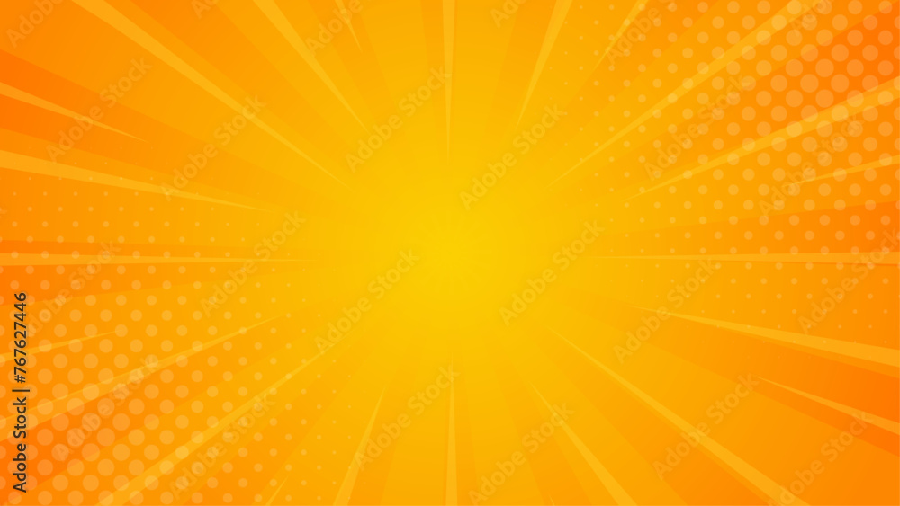 Obraz premium Bright orange-yellow gradient abstract background. Orange comic sunburst effect background with halftone. Suitable for templates, sales banners, events, ads, web, and pages
